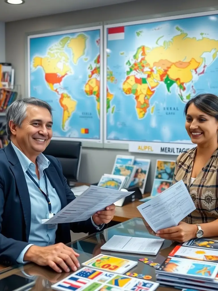A close-up shot of a smiling travel agent on the phone, assisting a customer with their flight booking, emphasizing personalized service.