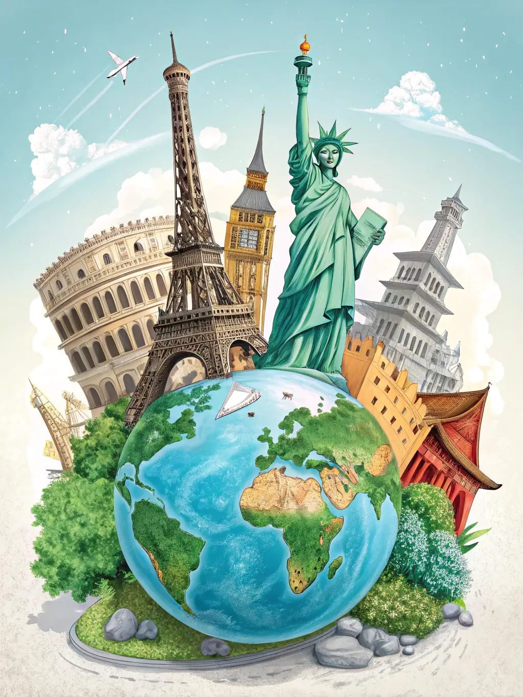 A collage of various world landmarks, representing different travel destinations, symbolizing access to a wide range of flight options.