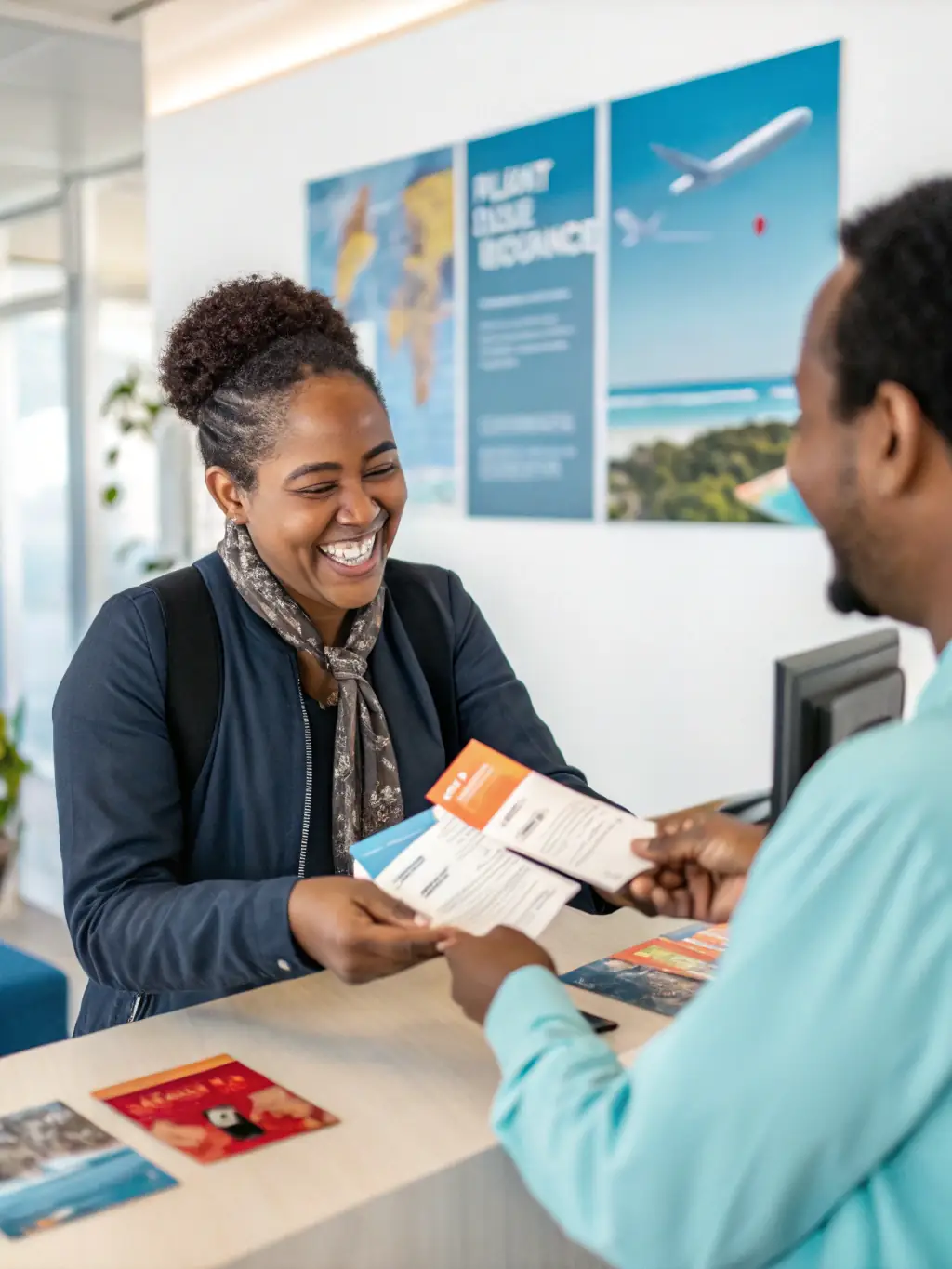 A travel agent handing over flight tickets and travel documents to a smiling customer, symbolizing comprehensive travel assistance.